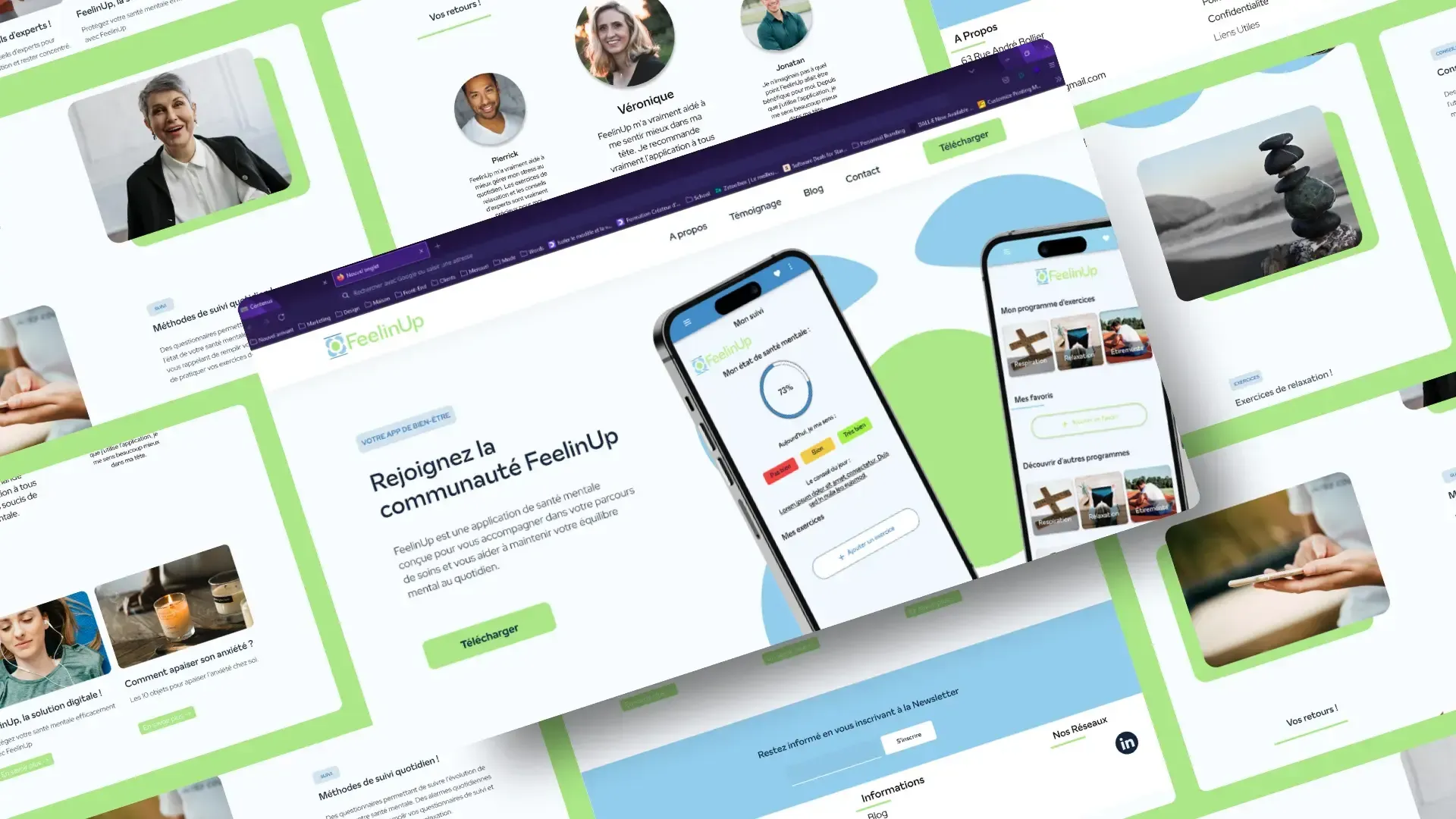 Illustration du travail graphique réalisé par l'agence web Bracket Corp lors de la création des maquette de l'application FeelinUp.