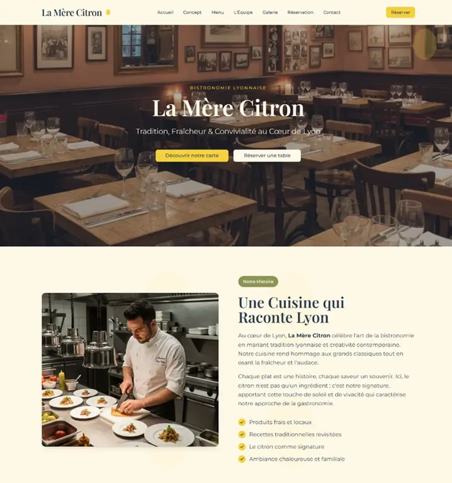 Page d'accueil réalisée par Bracket Corp pour le site internet du restaurant la mère citron